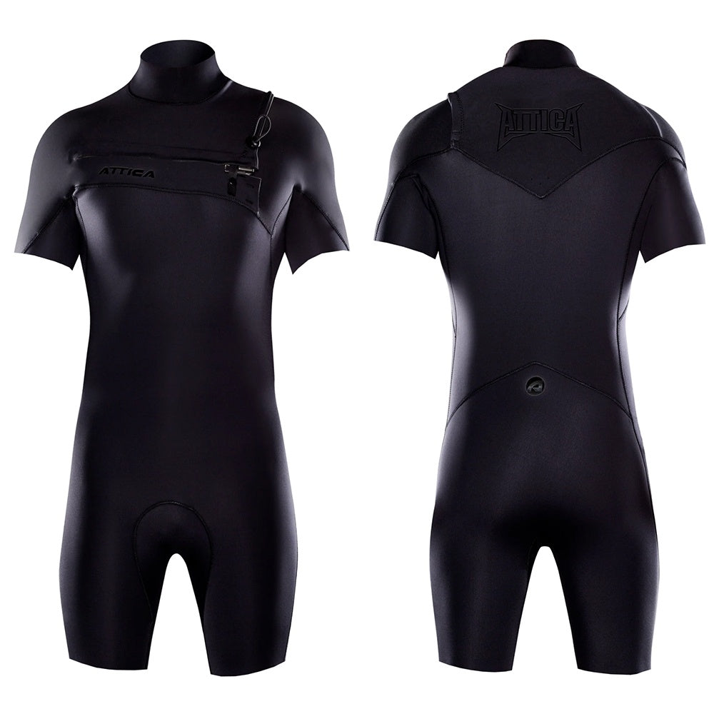 ATTICA OMEGA SHORT SLEEVE CHEST ZIP 2/2mm SPRINGSUIT BLACK - D5 BODYBOARD SHOP