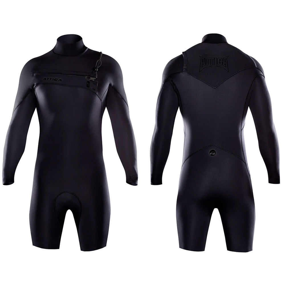 ATTICA OMEGA CHEST ZIP 2/2mm LONG ARM SPRINGSUIT ALL BLACK - D5 BODYBOARD SHOP